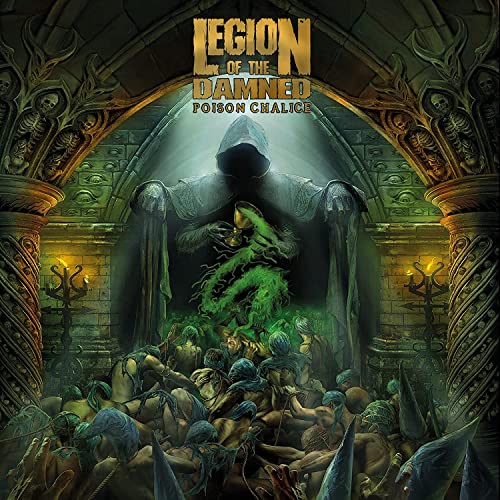 Dark fantasy album cover with hooded figure and writhing figures below.