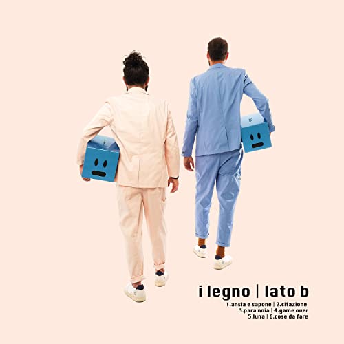 CD cover: two men in suits carrying blue boxes with faces.