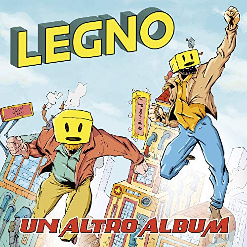 Album cover: two cartoon figures with block heads in a city scene.
