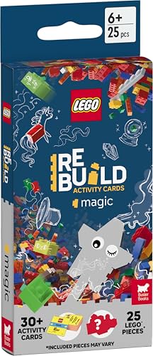 LEGO ReBuild Magic activity cards with colorful bricks and build ideas.