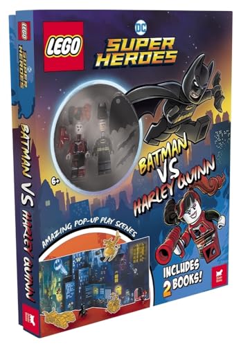 LEGO Batman vs. Harley Quinn book with minifigures and pop-up scenes.