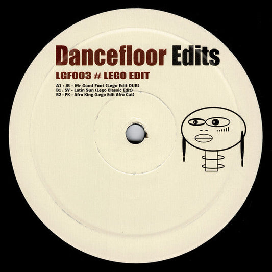 Black vinyl record label with red text and a sketched face.