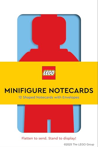 LEGO minifigure shaped notecard set packaging, red figure on blue background.