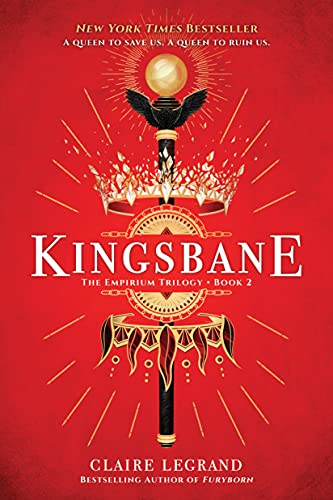 Book cover: red background, ornate golden crown and raven design, title "Kingsbane".