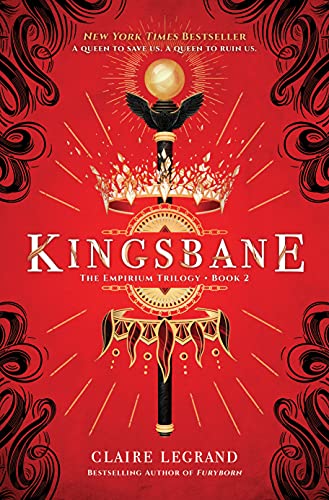 Book cover for “Kingsbane” featuring a scepter, crown, and red floral design.