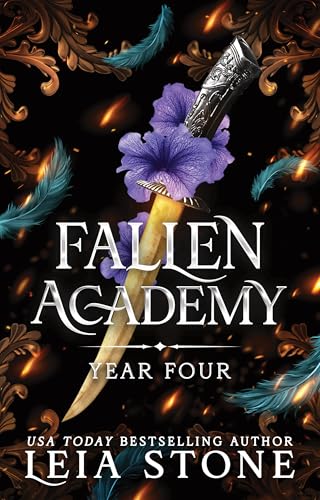 A dagger adorned with purple flowers surrounded by teal feathers against a dark background.
