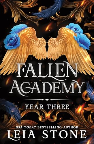 Book cover with golden wings, blue roses, and dark ornate details.