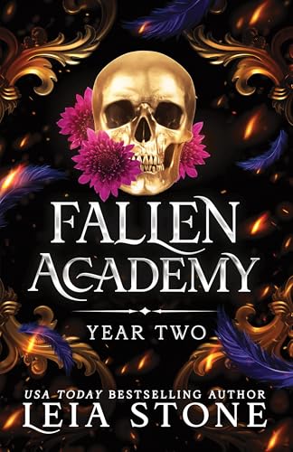 Book cover: golden skull with flowers, dark background, and title “Fallen Academy”.