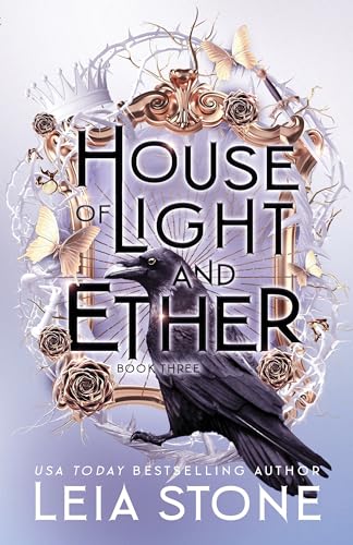 Book cover: "House of Light and Ether" with raven, roses, and butterflies.
