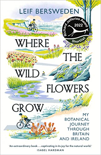 Book cover illustration of a cyclist traveling through diverse British and Irish wildflower landscapes.