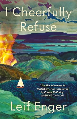 Book cover showing a sailboat on water near a fire with a landscape background.