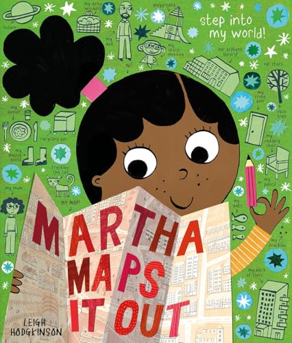 A girl holds a map surrounded by illustrated labels on a green background.