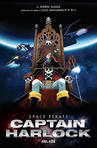 Captain Harlock sits on a skull-adorned throne in space, sword in hand.