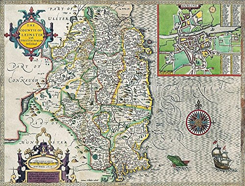 1610 map of Leinster, Ireland, with decorative borders and a compass rose.