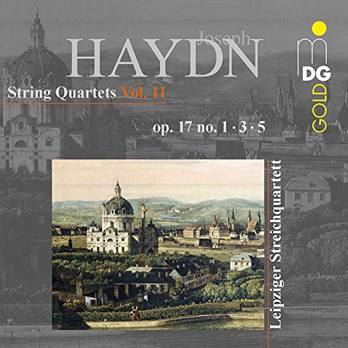 "CD cover with 'Haydn String Quartets Vol. 11' and historical town image."