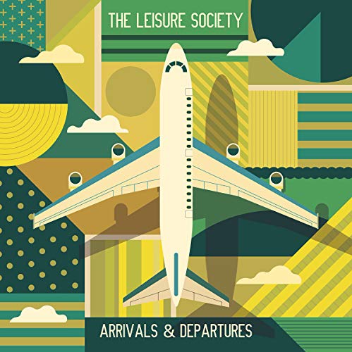 "Album cover featuring a stylized airplane against a green and yellow abstract background."
