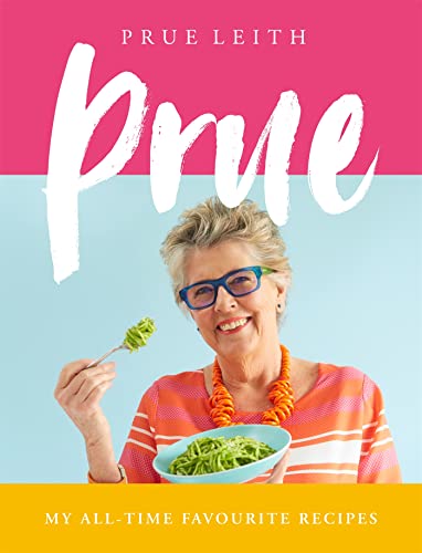 Book cover featuring Prue Leith holding a fork of green pasta against blue background.