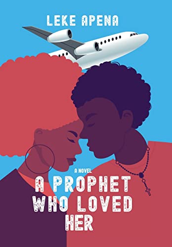 Book cover with illustrated couple and airplane against a blue background.