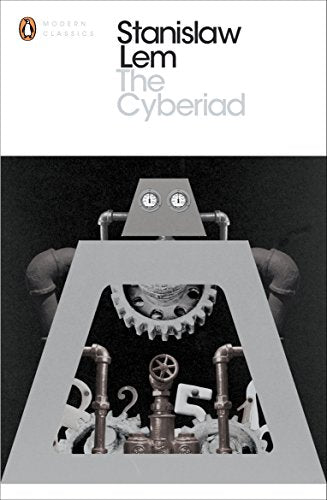"Book cover of 'The Cyberiad' by Stanislaw Lem, featuring a robotic device with mechanical parts."