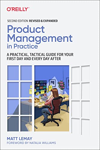 Book cover: “Product Management in Practice” with a woman working at a desk.