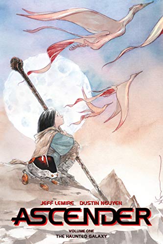 Boy with staff looks up at bird-like creatures and a large moon.