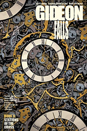 “Gideon Falls” book cover with clocks and gears in yellow and black.