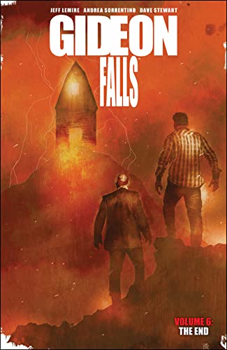 Two men stand before a glowing barn against a fiery, textured orange background.