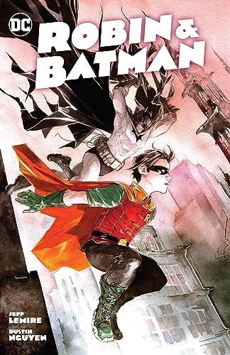 Robin and Batman in dynamic poses, watercolor-style comic book cover.
