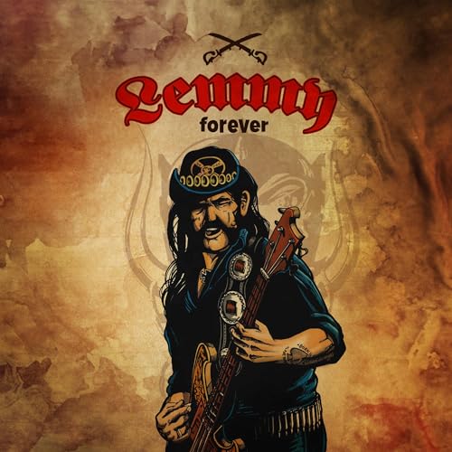 Lemmy Kilmister portrait with guitar, album cover for "Forever" on red vinyl.