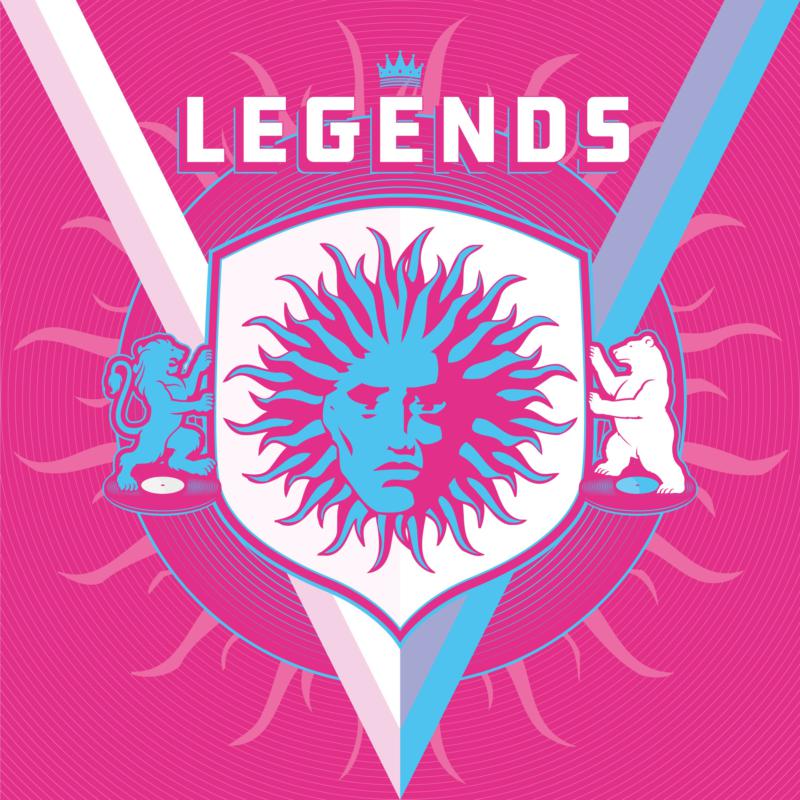 Pink record sleeve with turquoise graphics, a face, and heraldic animals.