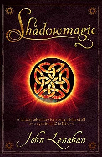 Book cover: “Shadowmagic” with a Celtic knot design and fiery background.