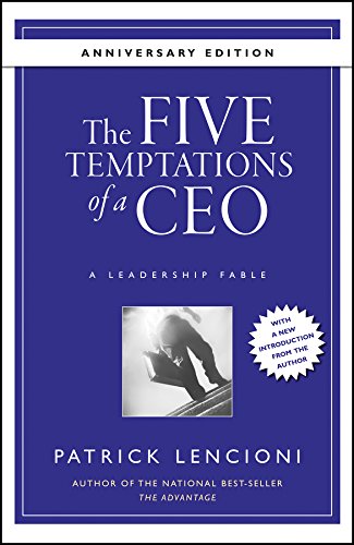 Book cover for The Five Temptations of a CEO by Patrick Lencioni, blue background.