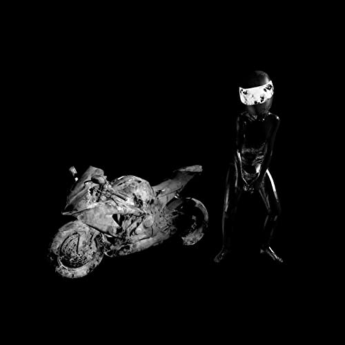 Black and white album cover featuring a person and motorcycle.