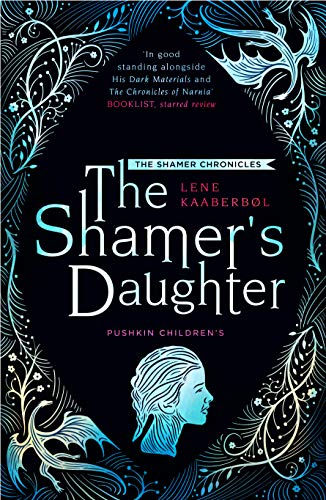 Book cover: “The Shamer’s Daughter” with blue floral designs and a girl’s profile.