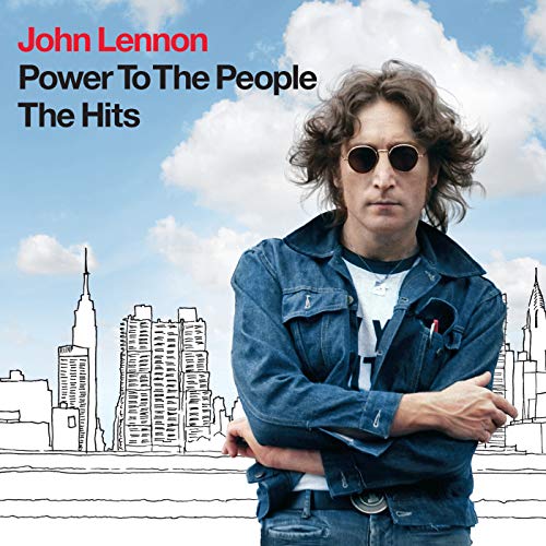 John Lennon wearing sunglasses and a denim jacket against a sky and city sketch background.