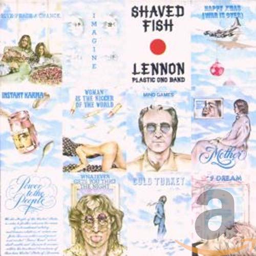 Collage of John Lennon illustrations and song titles from the Shaved Fish album cover.