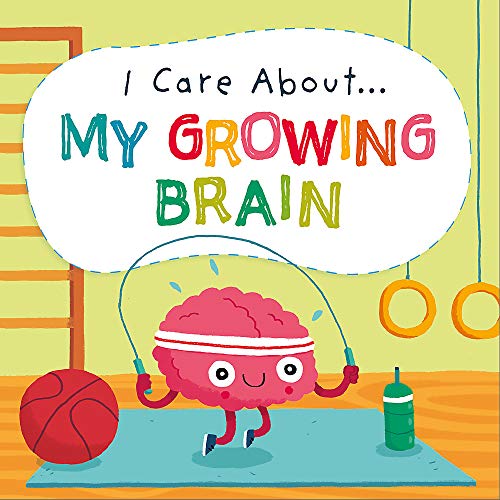 Cartoon brain jumping rope with sports equipment, book cover illustration.