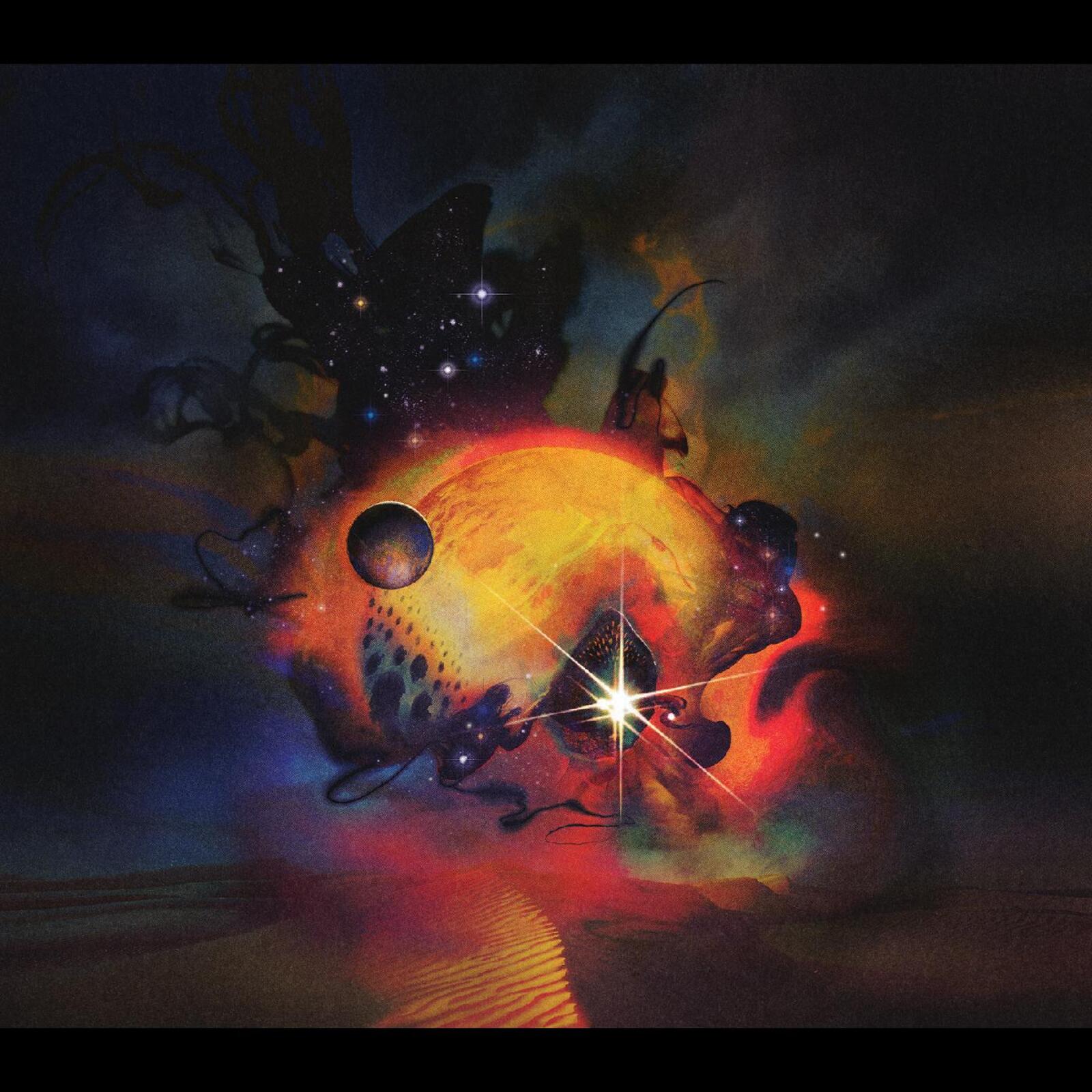 Surreal album cover with celestial bodies, stars, and abstract figures.