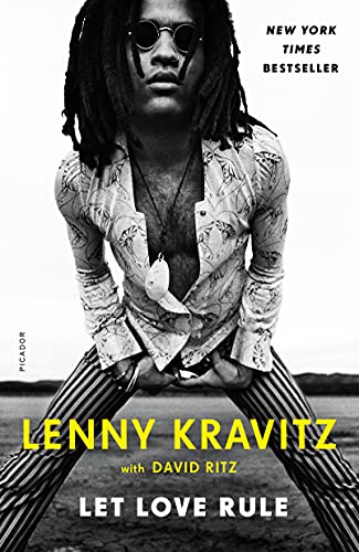 Black and white portrait of Lenny Kravitz on book cover, “Let Love Rule.”