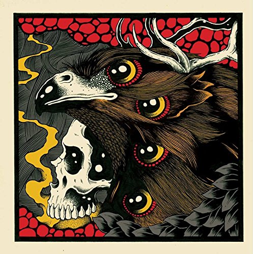 Stylized illustration of a multi-eyed eagle head and a skull against a red background.