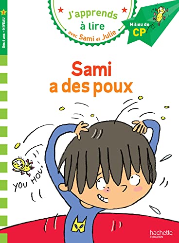 Book cover: boy scratching head, cartoon lice flying, French text "Sami a des poux".