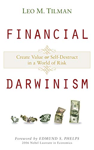 Book cover: "Financial Darwinism" with money and ornate gold designs.