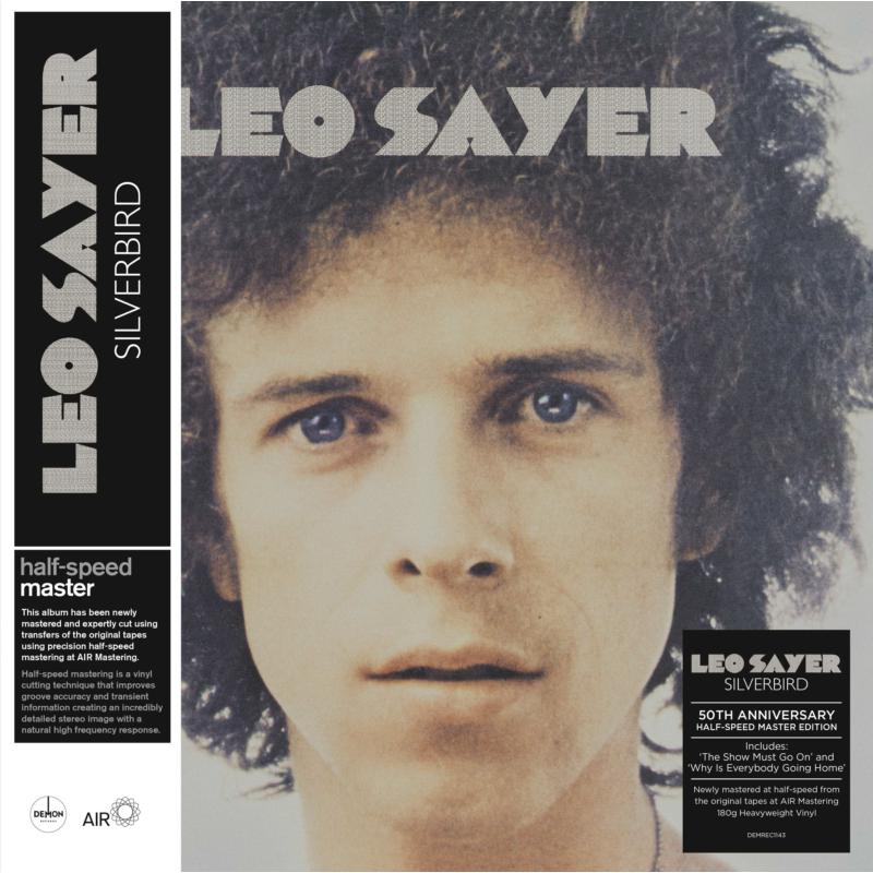 Close-up portrait of Leo Sayer on a vinyl record cover with text overlays.