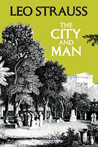 Book cover: “The City and Man” by Leo Strauss, with sketched trees and ruins.