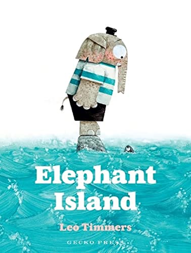 Cartoon elephant stands on a rock in blue, wavy water.
