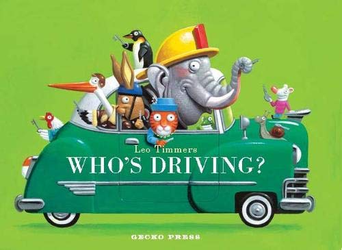 Green car full of colorful animals, book cover titled "Who's Driving?".