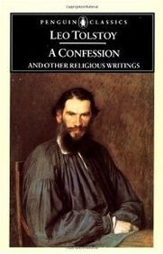 "Book cover of 'A Confession and Other Religious Writings' featuring Leo Tolstoy sitting on a chair."
