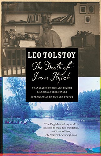Book cover showing Leo Tolstoy at a desk above a landscape with a river.