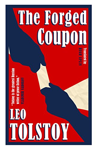 Book cover: red background, dark blue hands exchanging white paper, "The Forged Coupon" title.