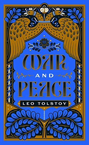 Ornate cover of "War and Peace" by Leo Tolstoy, blue and gold design.